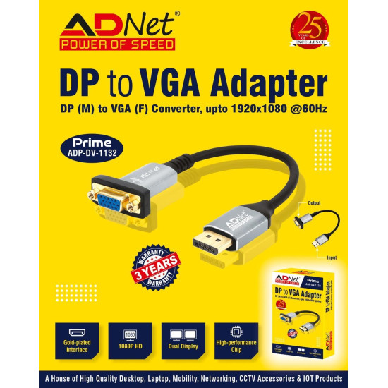 ADNET Prime ADP-DV-1132 DisplayPort DP Display Port Male to VGA Female Adapter Converter Full HD Monitor Projector Displays Gold-Plated Cord Cable