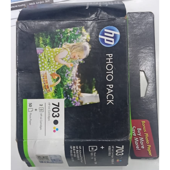 HP 703 Ink Cartridge Black & Tri-Color with 50 PCs Photo Paper Original Combo Pack